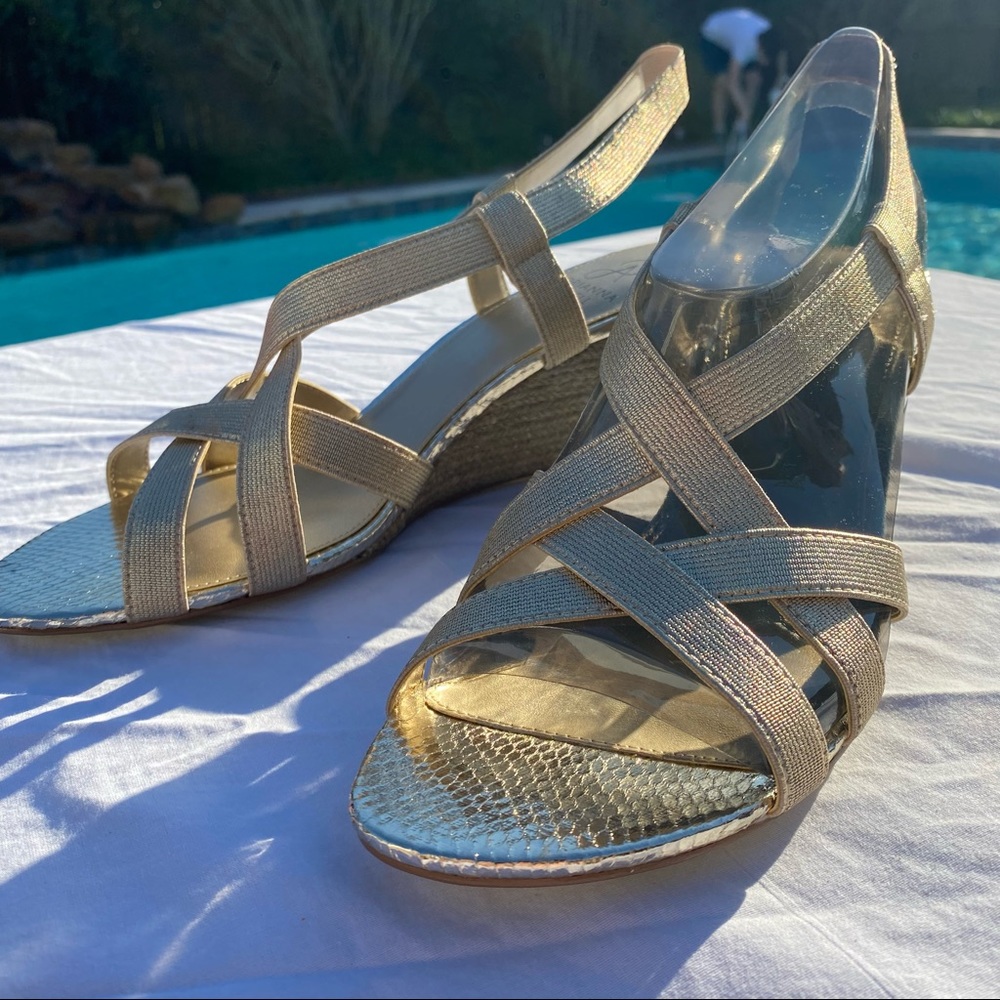 NWT Adrianna Papell Alba Platino Metallic gold and tan wedges / 9.5 / Inc. box - Picture 7 of 16
